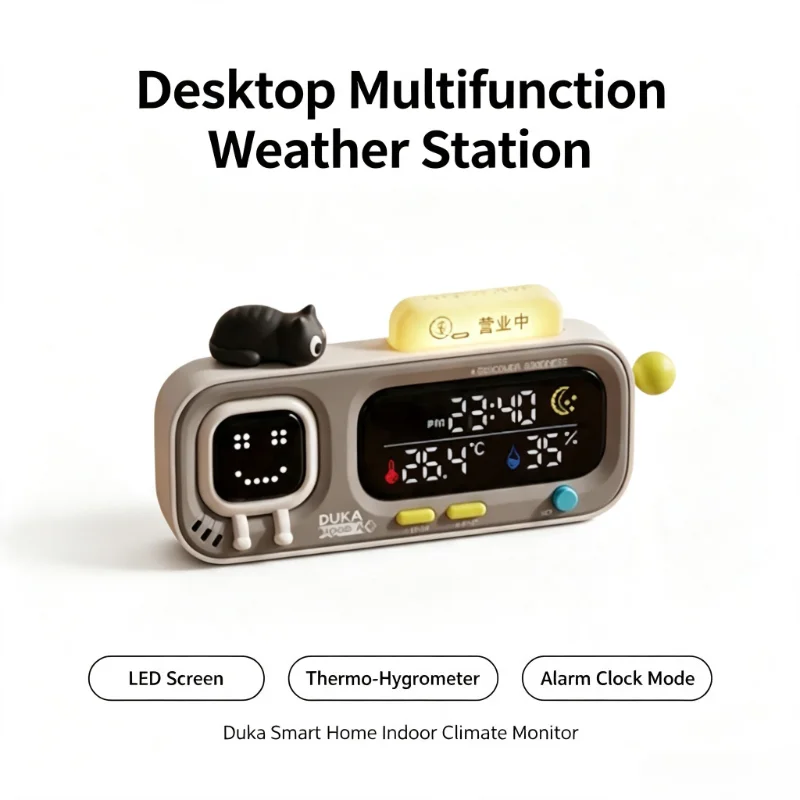 DUKA Multifunction Desktop Weather Station Clock Dual‑Screen LED Thermometer Hygrometer Pixel Expression Alarm Clock