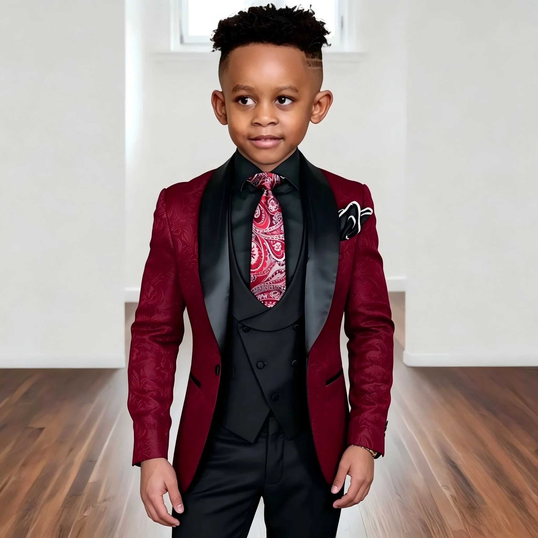 

Нарядный костюм для мальчиков на свадьбу или праздник: смокинг, детский формальный комплект, бордовый пиджак с цветочным принтом, черные брюки, жилет, комплект из 3 предметов, для детей 2-16 лет