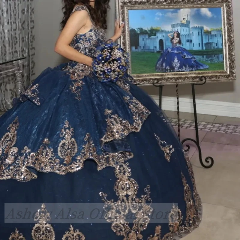 Customized Princess Navy Blue Quinceanera Dresses Appliques Lace Beads Party Proms  Sweet 16 14 Ball Gown Vestidos De 15 Anos