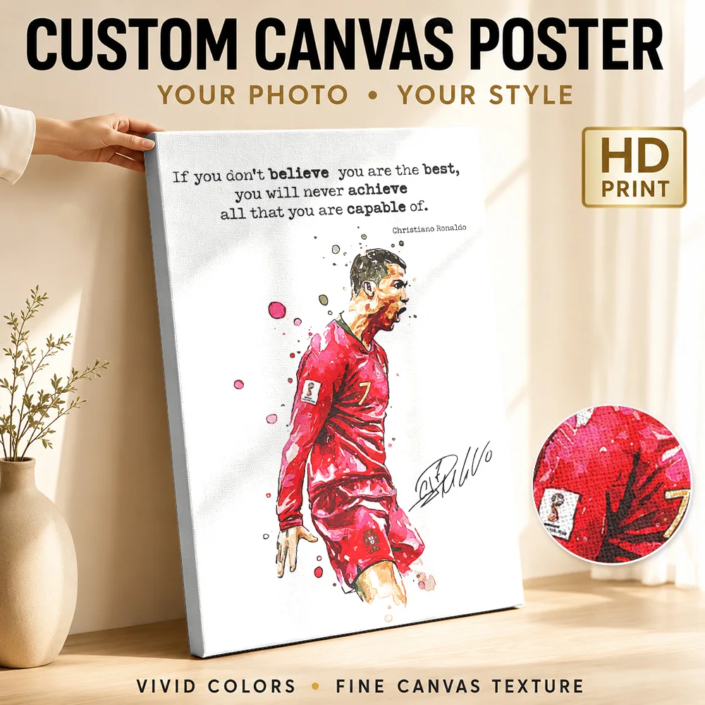Cristiano Ronaldo Jersey Framed Canvas Print Poster Retro Style Wall Art With Personalized Photo For Games Room Ideal Fan Gift