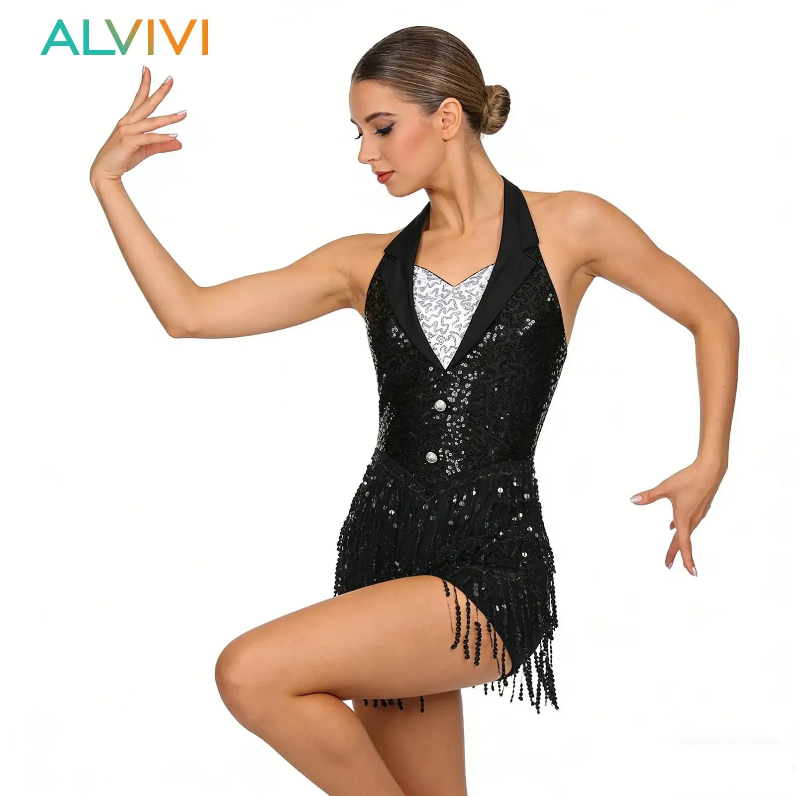 

Womens Hip Hop Jazz Dance Performance Costume Vintage Halter Sequin Latin Jumpsuit Dress Tassel Ballroom Performance Outfits