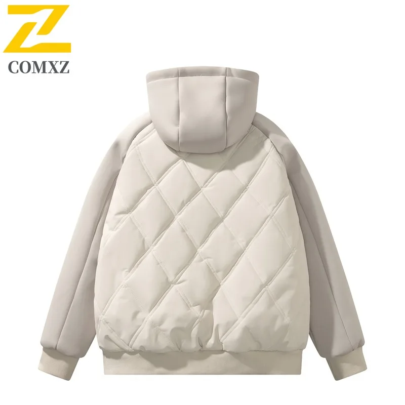 COMXZ New Cotton Coat Hooded Diamond Quilted Men Winter Korean Style Jacket Trendy Loose Thicken Casual Windbreaker Mens Jacket