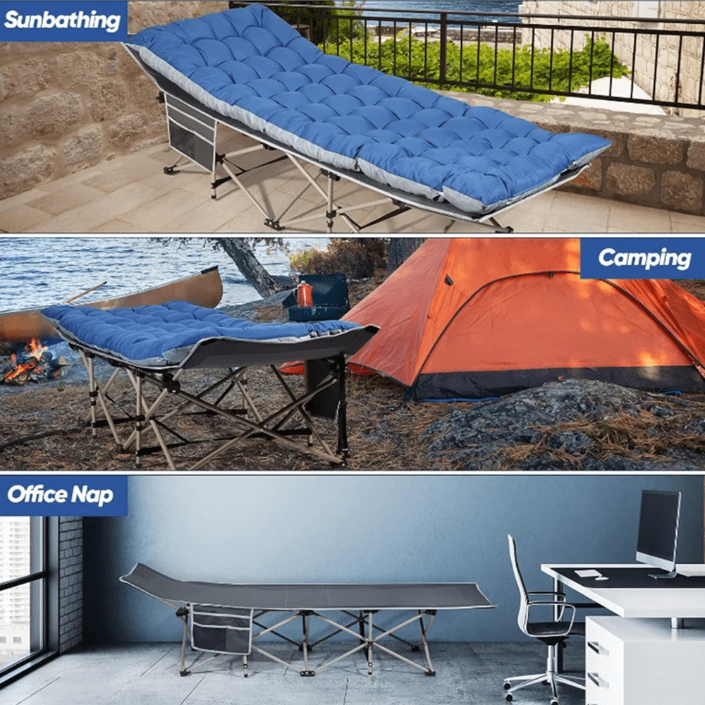 

Adult Folding Camping Bed Portable Folding Outdoor Bed, 75 Inch Multifunctional Lounger With Side Pockets And Carrying Bag, Hea