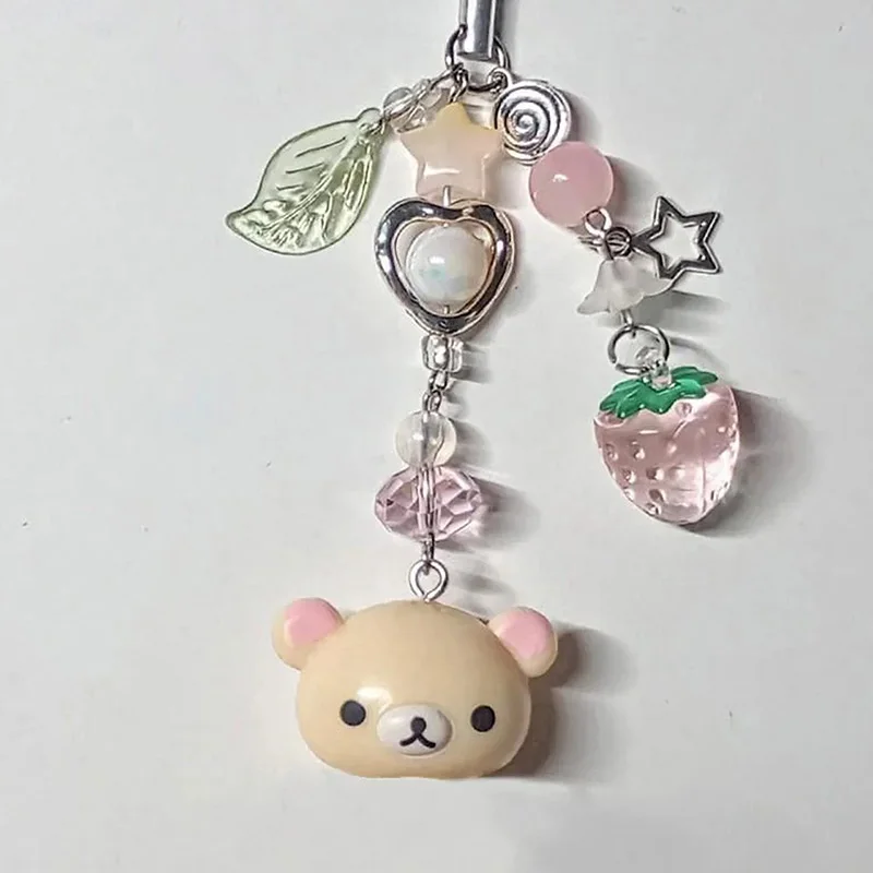 Korean Cute Strawberry Bear Heart Beaded Phone Chain Charm Lanyard For iPhone Samsung Universal Anti-Loss Hanging Rope Jewelry