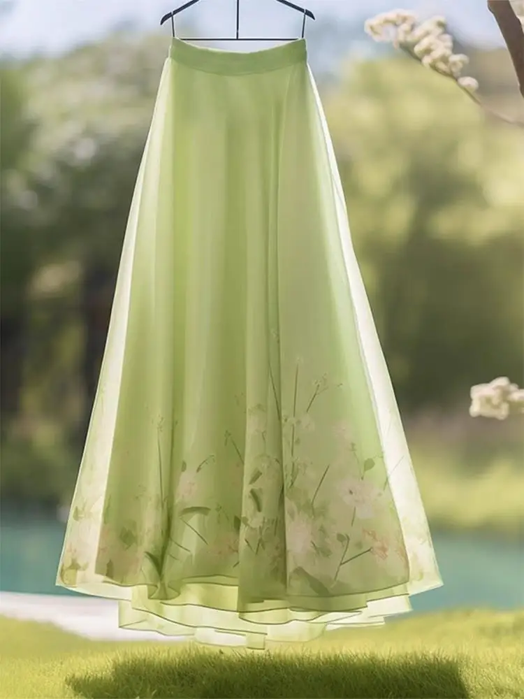 

New Fashion Elegance Green Spring Summer Women's Splicing Contrast Color High Waist Loose Printing Pleated A-Line Casual Skirts