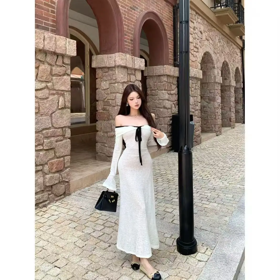 Robe longue asymétrique à manches longues et couleur contrastante pour femme, coupe ajustée, taille haute, style décontracté, automne