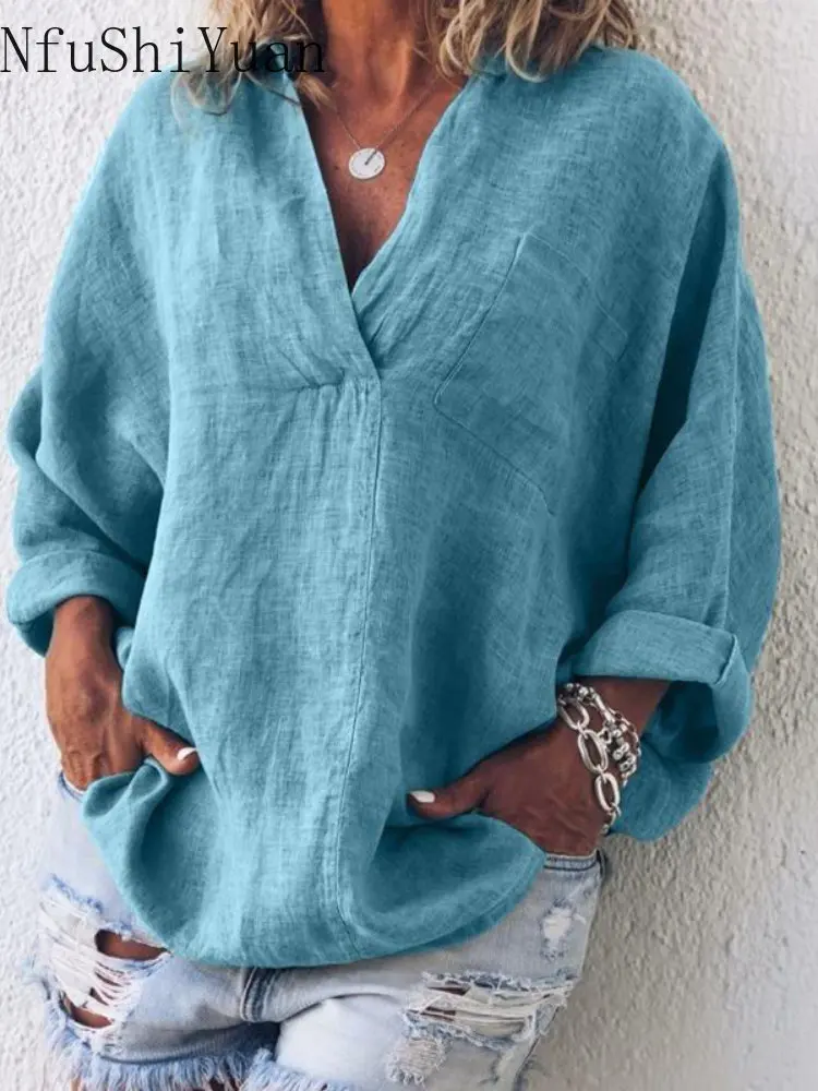 New Korean Fashion Spring Plus Size Loose Long Sleeve V-neck Linen Shirt Luxury Women\'s Blouses PromotionChic Woman Blouse