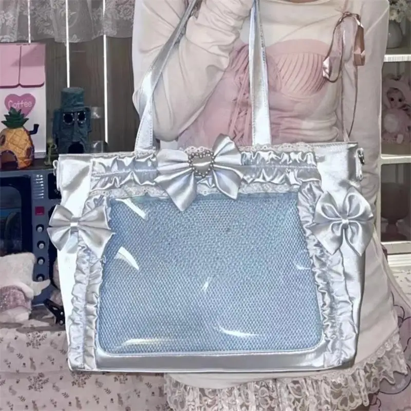 Ita-Tasche mit Klarsichtfenster für Abzeichen, Pins und Puppen, Japanische Süße Niedliche Satin-Schleife mit Spitzenbesatz, Große Kapazität Handtasche – Detail 15