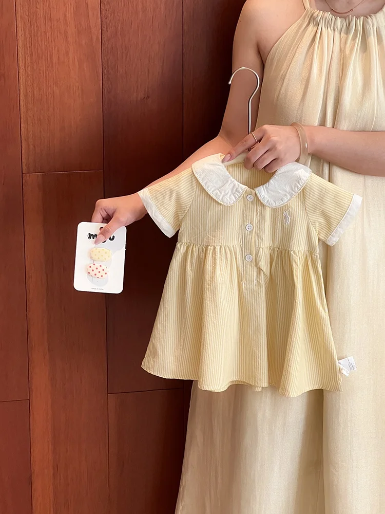 Girls Summer Dress 2026 New Fashion Stripe Doll Collar Short Sleeve Comfortable Cotton Clothing Kids Baby Girls Fashionable O...