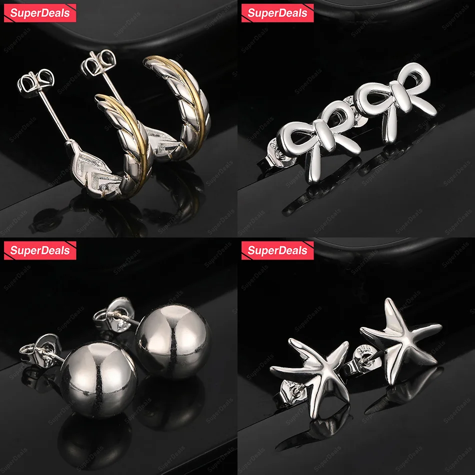 

SuperDeals 925 Sterling Silver Bowknot Starfish Beads Gold Feather Stud Earring Girls Birthday Party Gift Sweet Cute Jewelry