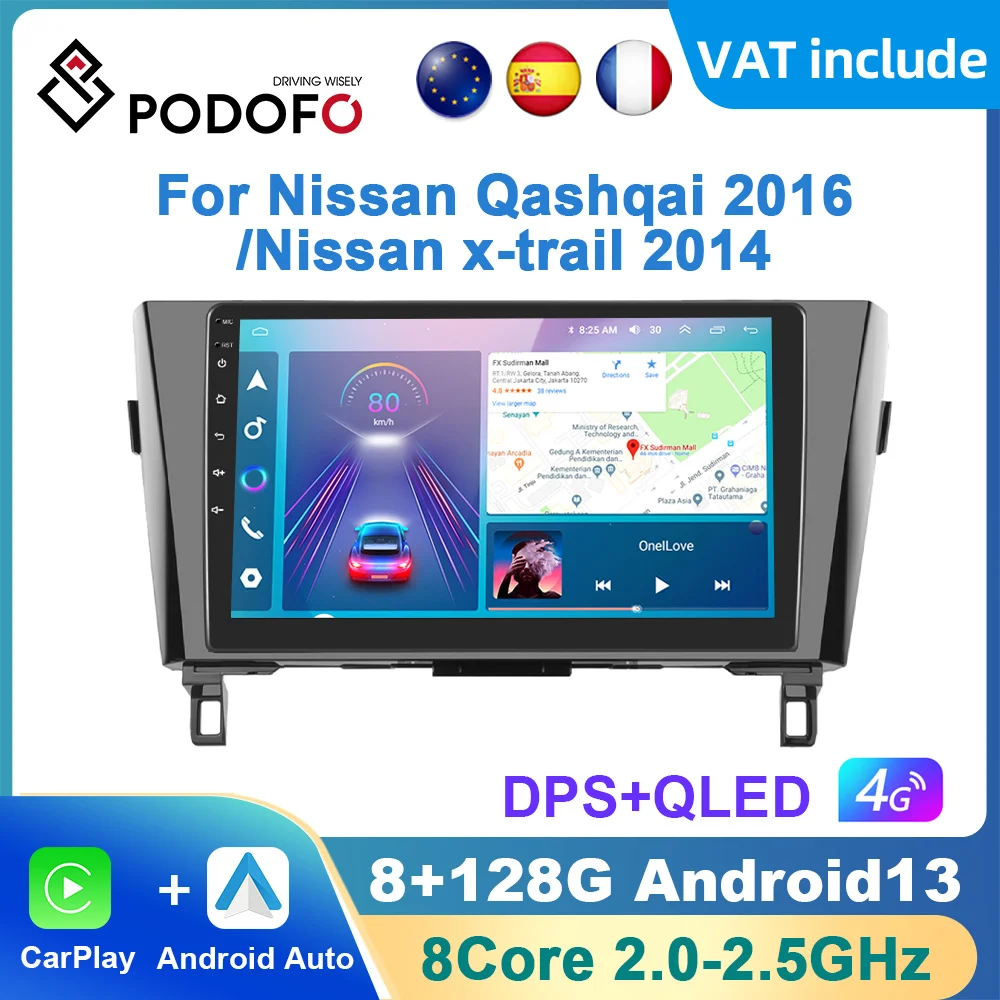 Podofo AI Voice Carplay Car Radio For Nissan Xtrail Qashqai Rogue 2014-2018 Android Auto 4G Multimedia GPS 2Din autoradio DSP