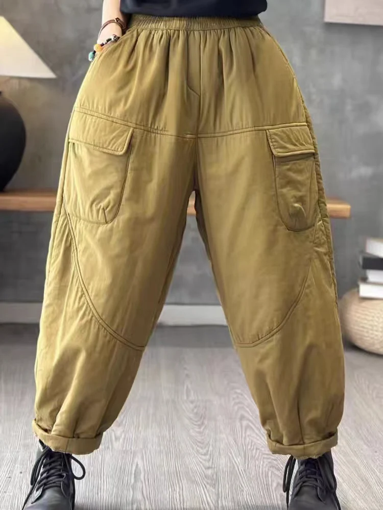 Vintage Cargo Pants 2024 New Winter Women Outerwear Quilted Work Trousers Office Lady Cotton-Padded Thick Warm Harem Pants