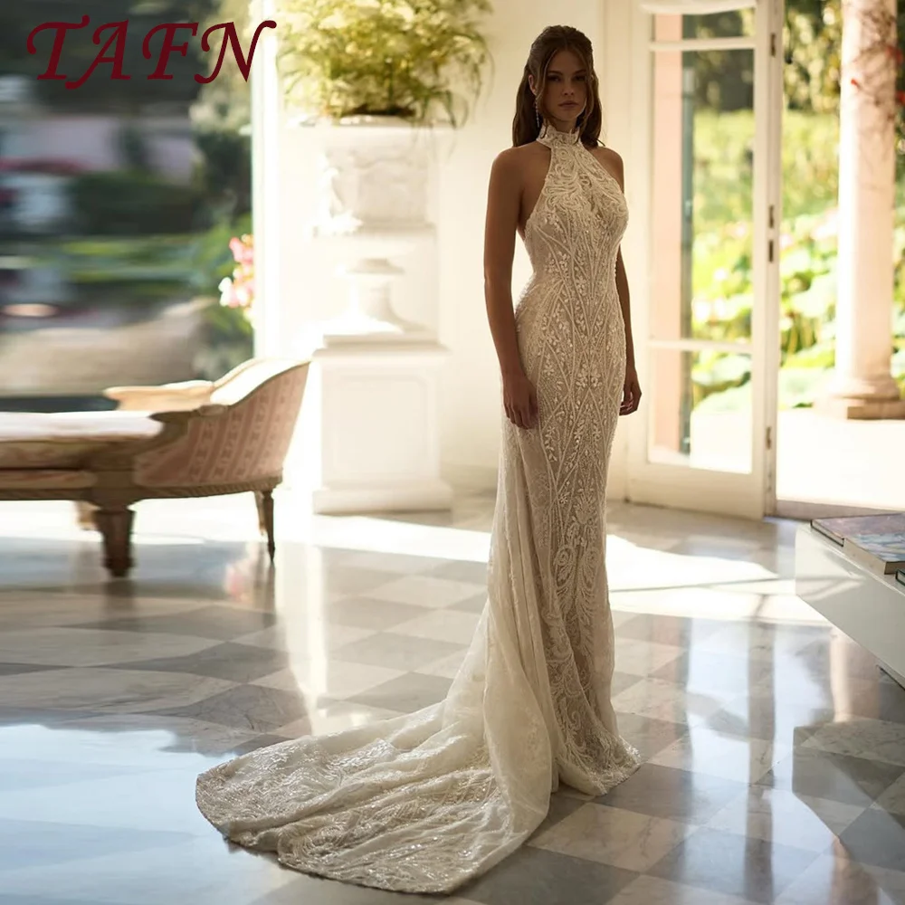 

TAFN Luxury Beading Lace Mermaid Wedding Dresses Sleeveless Halter Bridal Gowns Customized Zip Back Sweep Train Sequines