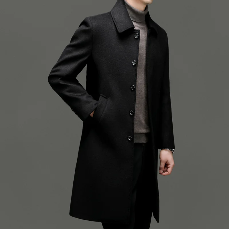 High Quality Wool Coat Men Solid Turn Down Collar Mens Long Coats Smart Casual Jackets Man Overcoats Wool Blends Trench Coat Men