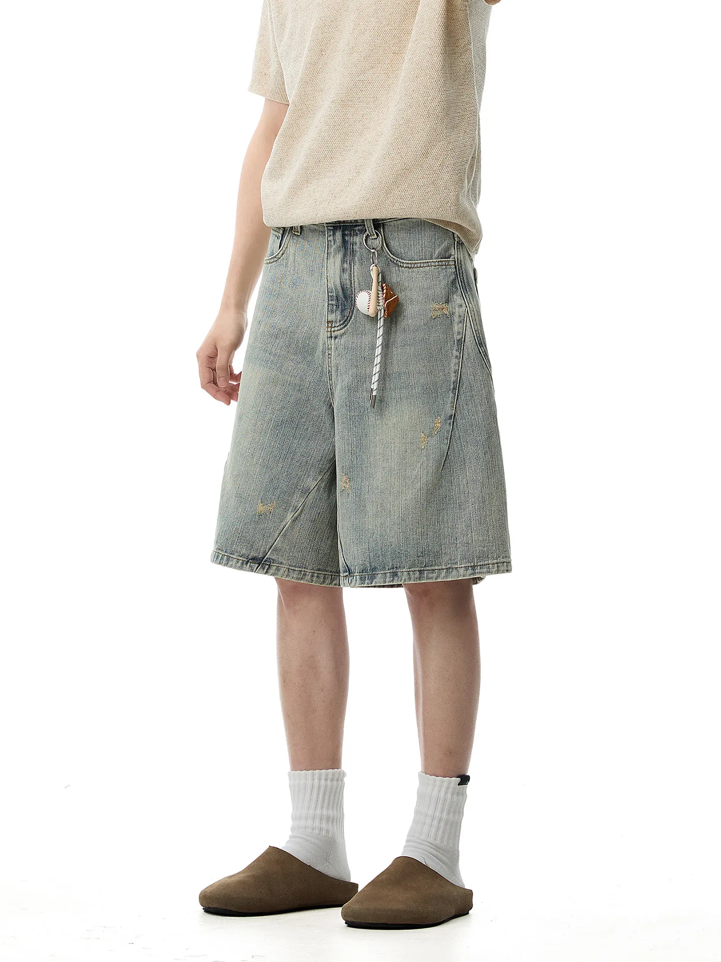 

Washed American Style Men's Short Jeans Summer Straight Leg Worn out Design Five Parts Cotton Polyester Blend Comfortable Fit
