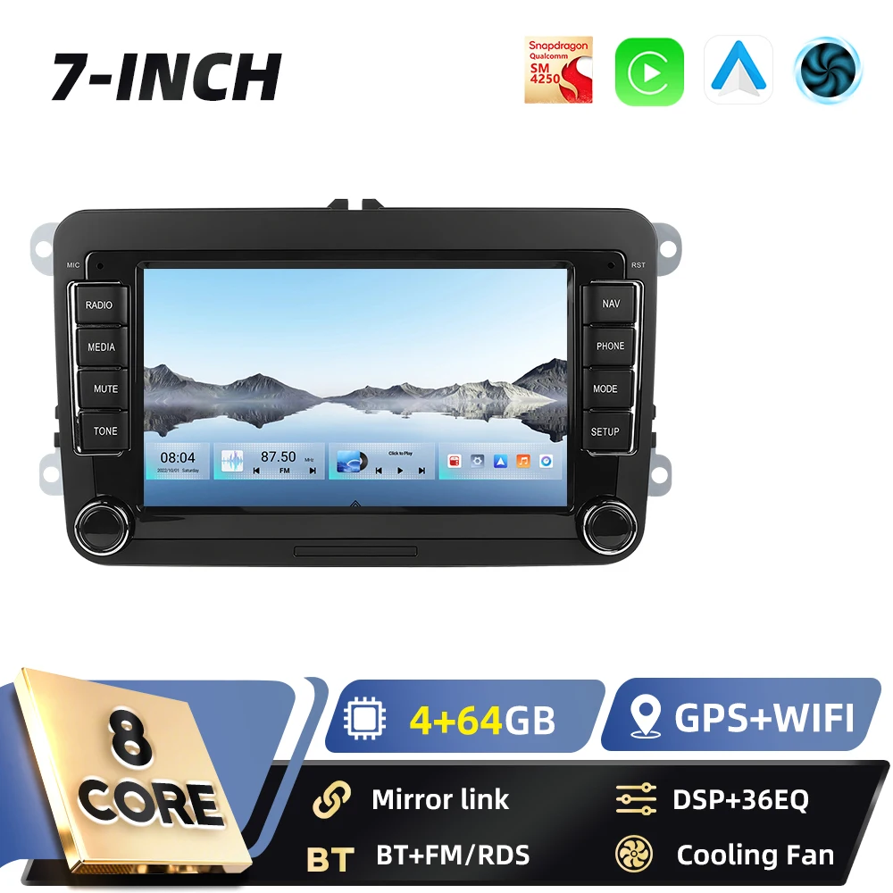 Podofo 7-Zoll Android 2Din Autoradio für VW POLO Seat Altea JATTA PASSAT GOLF mit Carplay, Android Auto, GPS-Navigation, DSP, BT, FM, RDS