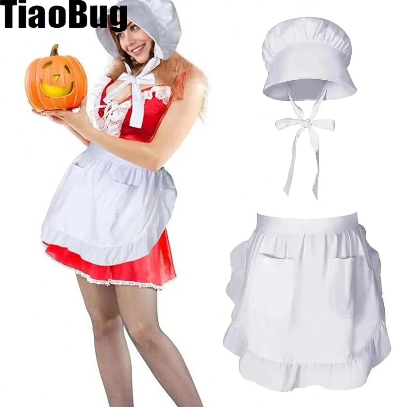 

Women Theme Parties Maid Cosplay Costumes Bonnet Colonial Hat Maid Cap Ruffled Pockets Apron with Adjustable Straps