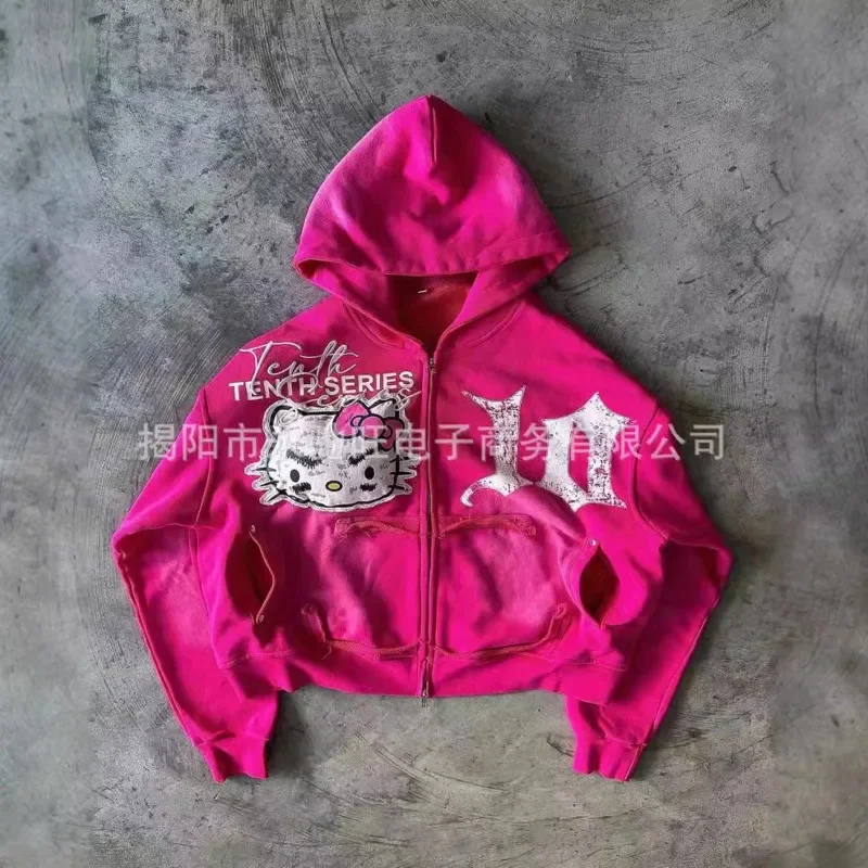 

HelloKitty Printed Long Sleeved Jacket For Women Retro Pink Slim Fit Graffiti Hooded Top Hip Hop Versatile Cartoon Casual Jacket