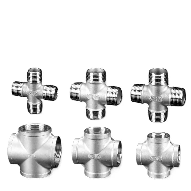 تركيب رباعي الاتجاهات من الفولاذ المقاوم للصدأ 304 1-4/6 نقاط 1/1.2/1.5/2.5/3/4 بوصة تركيب أنابيب الجدار الثقيل مع خيوط داخلية وخارجية #6