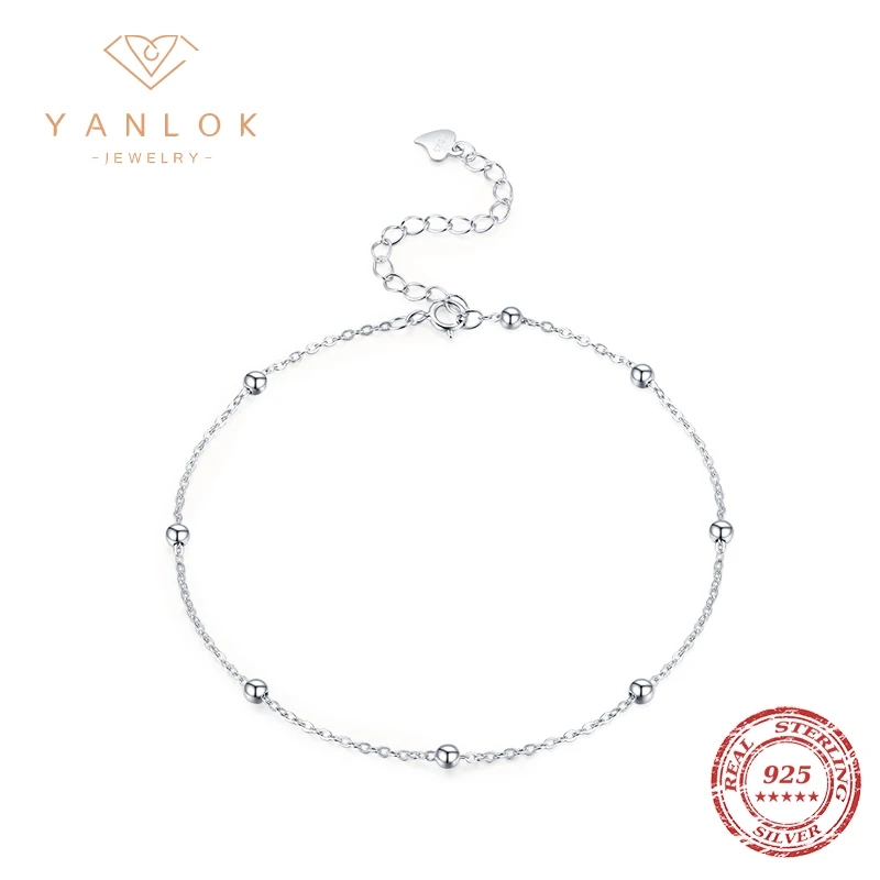 YANLOK Hot Sale Simple Essential Bead Link Anklets 925 Sterling Silver Bracelet for Foot Jewelry Silver Female Leg Chain