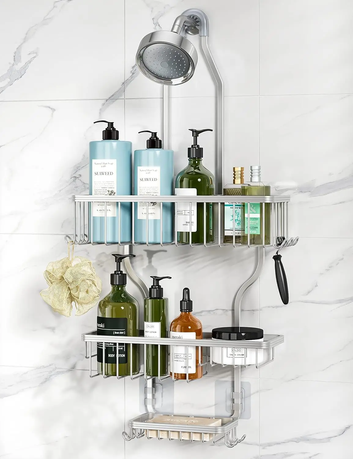 

Hanging Shower Organizer Silver - Never Rust Aluminum Caddy, Over-The-Head Rack With Hooks & Soap Basket For Bathroom Storage