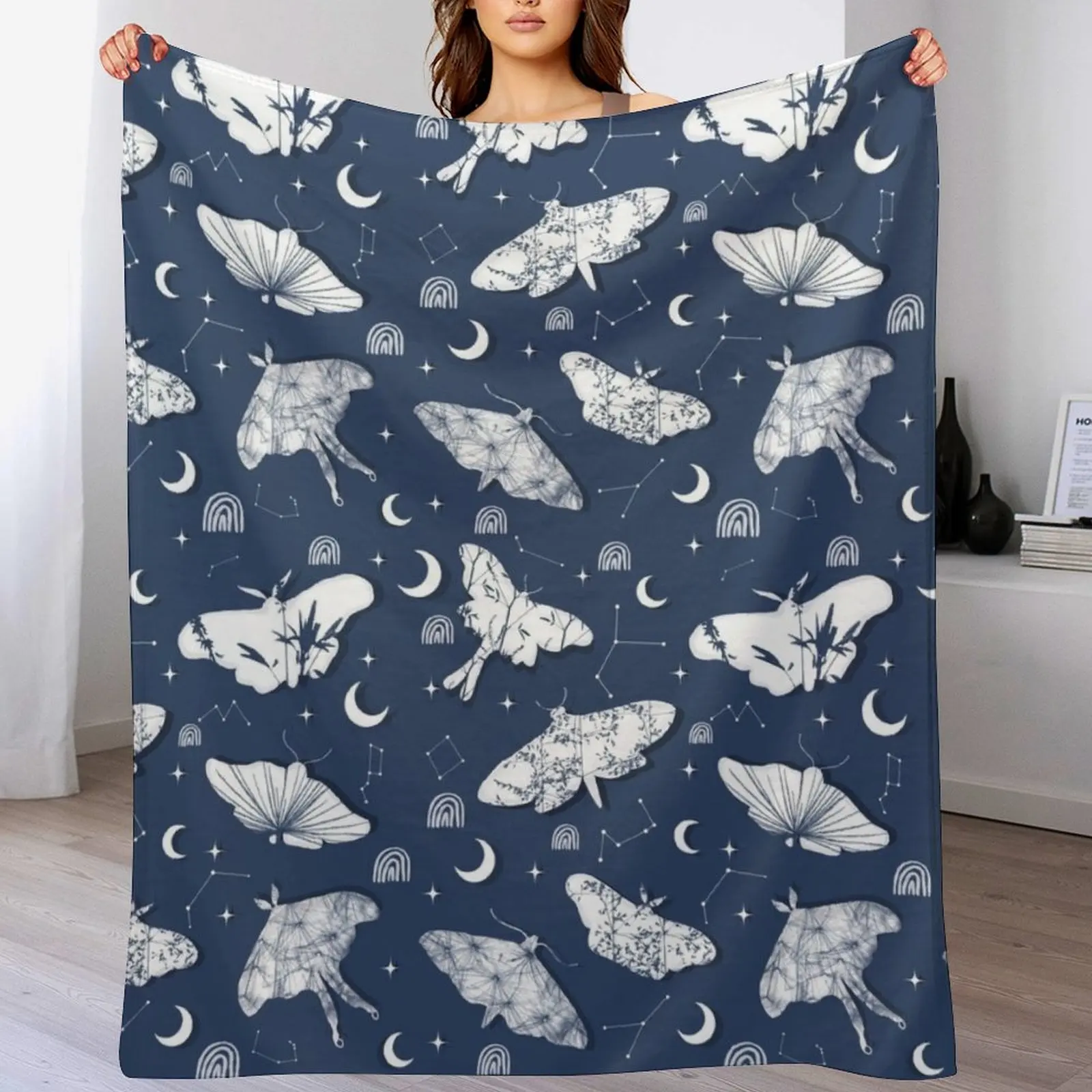 

Dreamy Shibori Floral Butterflies Constellations and Stars Navy Throw Blanket Beach Plaid on the sofa Weighted Blankets
