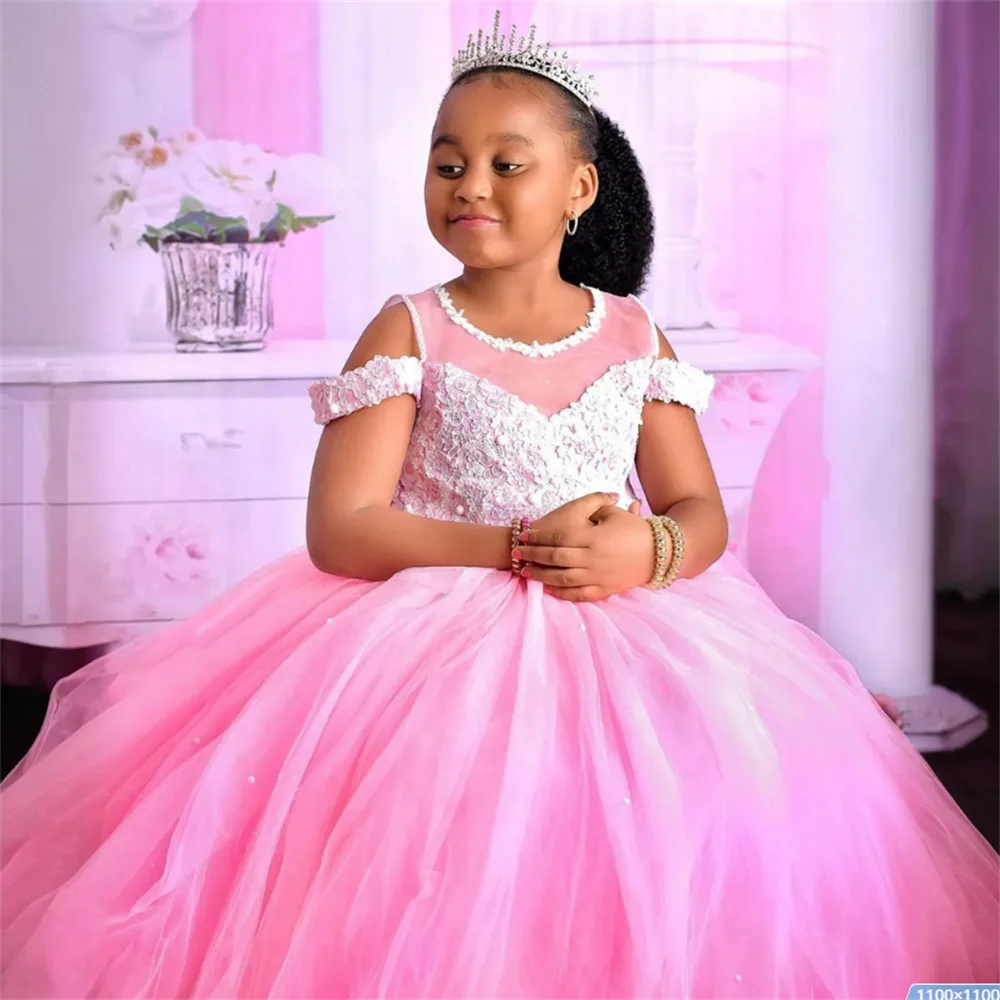 Pink Flower Girl Dresses Appliqued Lace Tiered Tulle Princess Queen Girls Birthday Party Wedding Children Bridesmaids Dress