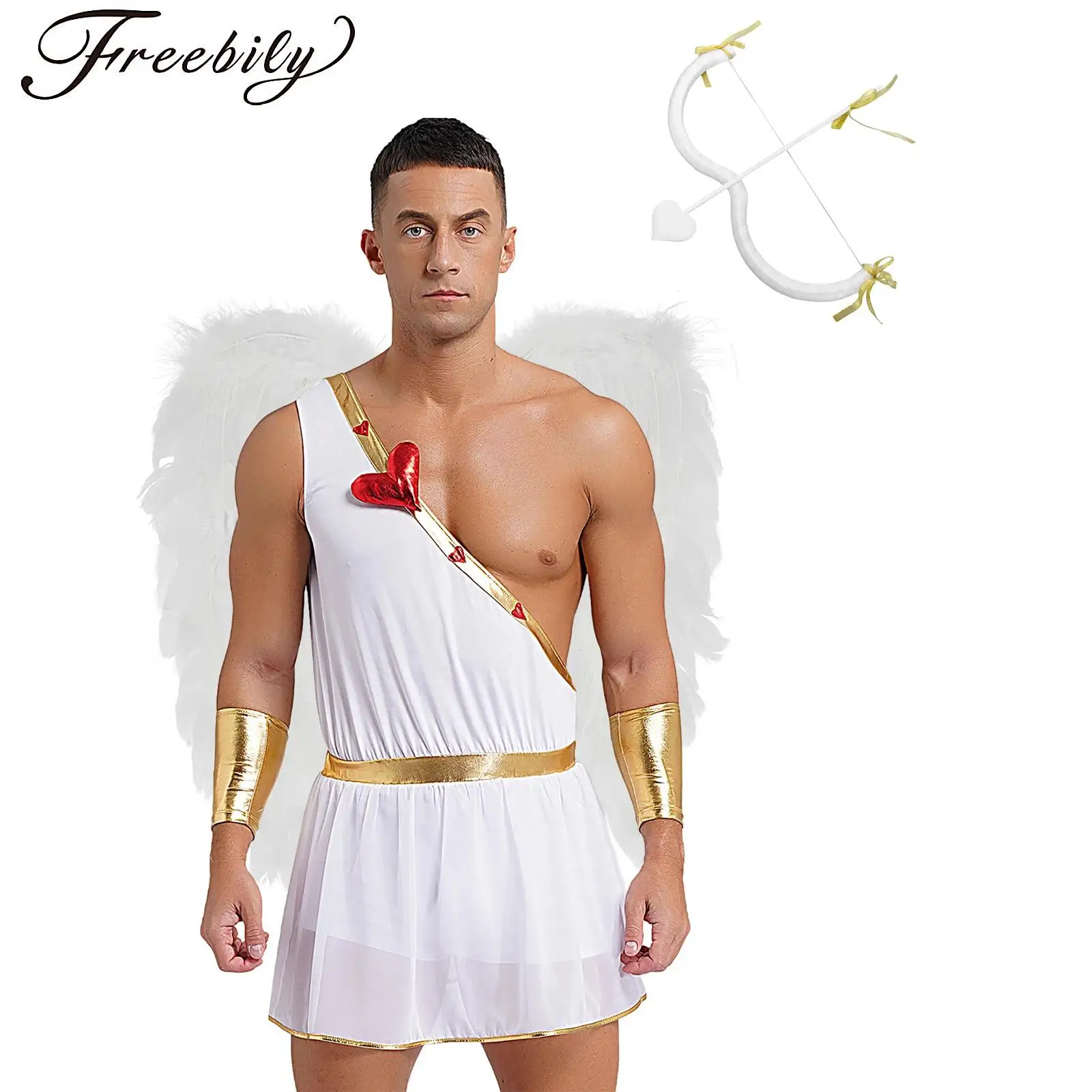 Men Cupid Cosplay Costume Outfit One Shoulder Romper Bodysuit And Cuffs Feather Wings Bow Arrow Valentine Ancient Greek Dress Up