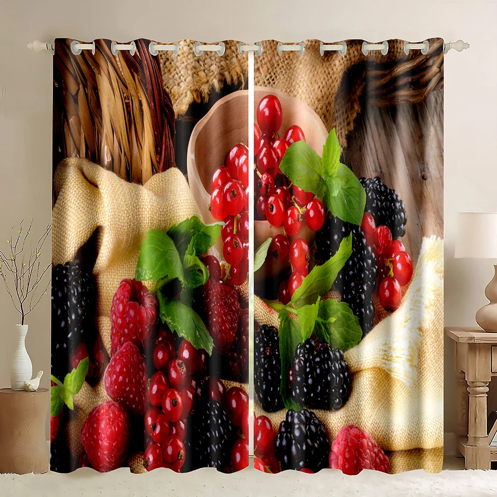 Raspberry Berries Fruits Window Curtains,Raspberries Blackberries Summer Fruits Image,Blackout Curtains 1 Panel For Living Room