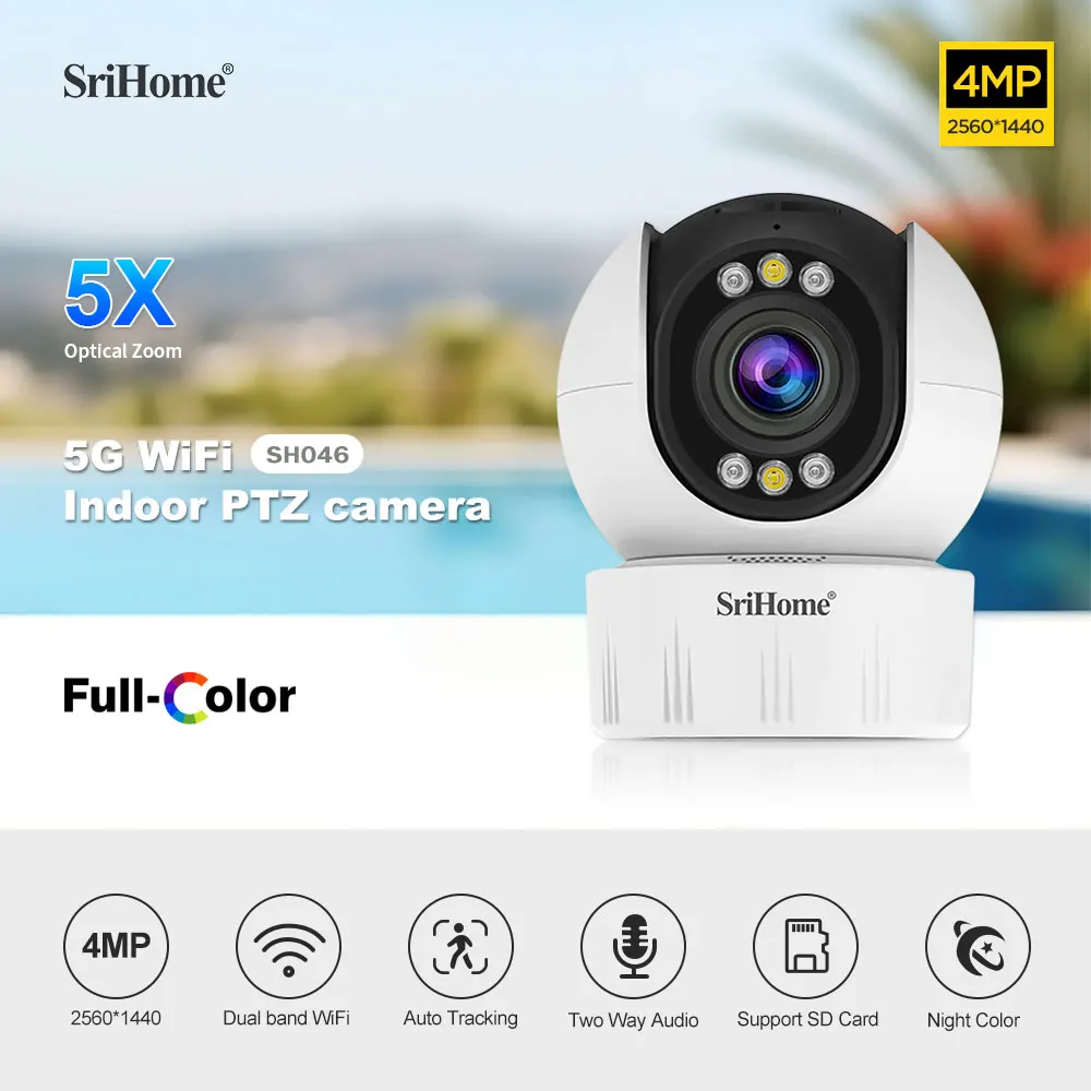 Srihome 4MP 5X optical zoom Indoor PTZ camera 2.4G/5G Wifi Waterproof AI Auto Tracking H.265 Video Surveillance PTZ camera SH046