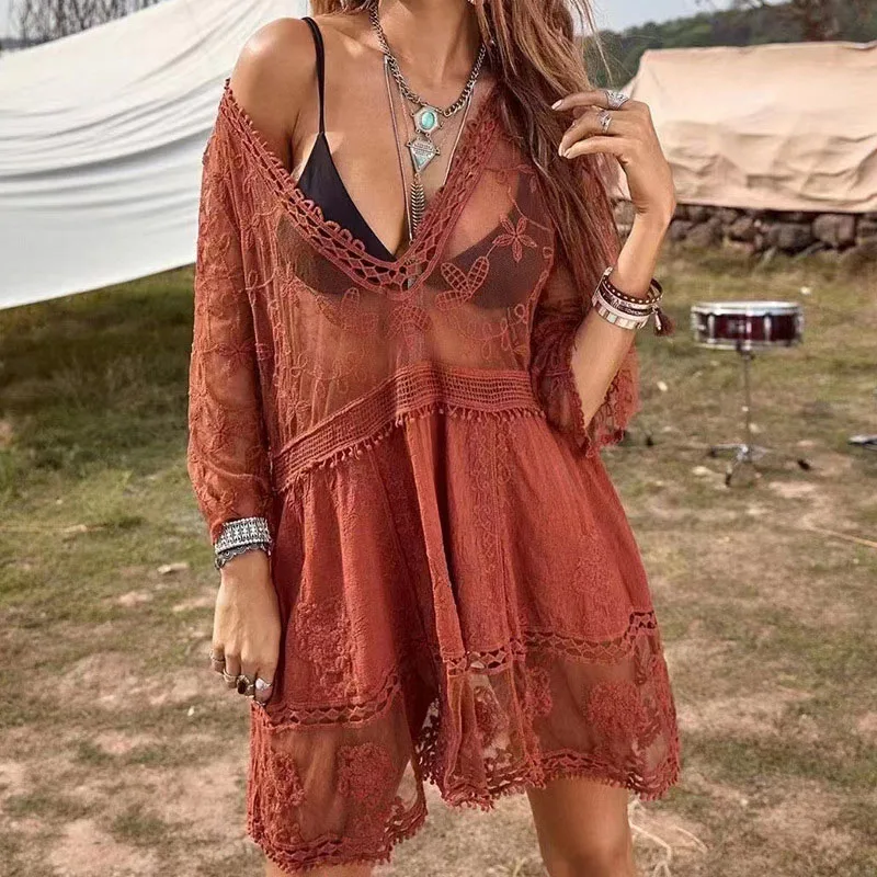 Abiti sexy trasparenti in pizzo Donna Estate Vacanza al mare Spiaggia Prendisole trasparenti a prova di sole con scollo a V Bikini in rete Abiti grembiule da bagno