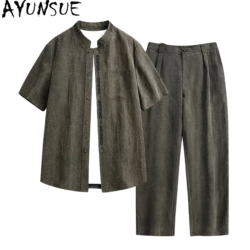 

AYUNSUE High-end 100% Real Mulberry Silk Shirts for Men Summer Outfits Luxury 2026 Watered Gauze Casual Pants Two Piece Set Man