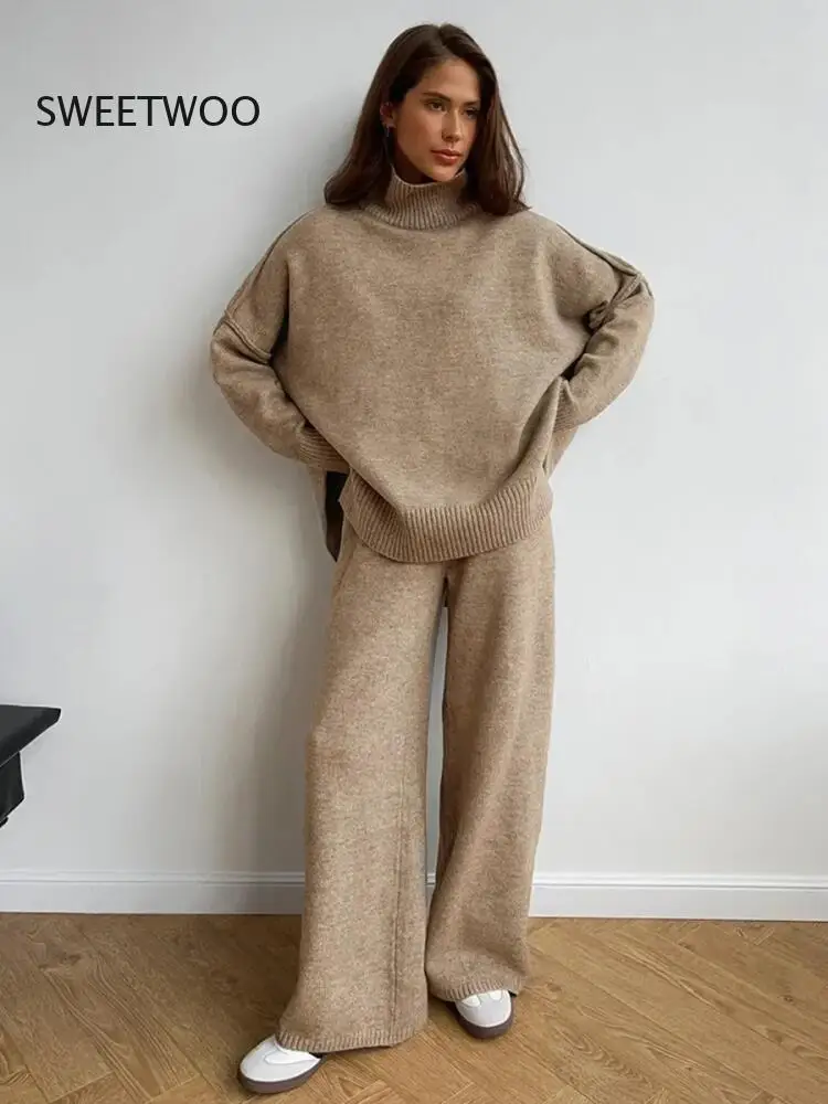 Women's Autumn Winter Turtleneck Two-Piece Set - Thick Loose Casual Knitted Sweater & Pants