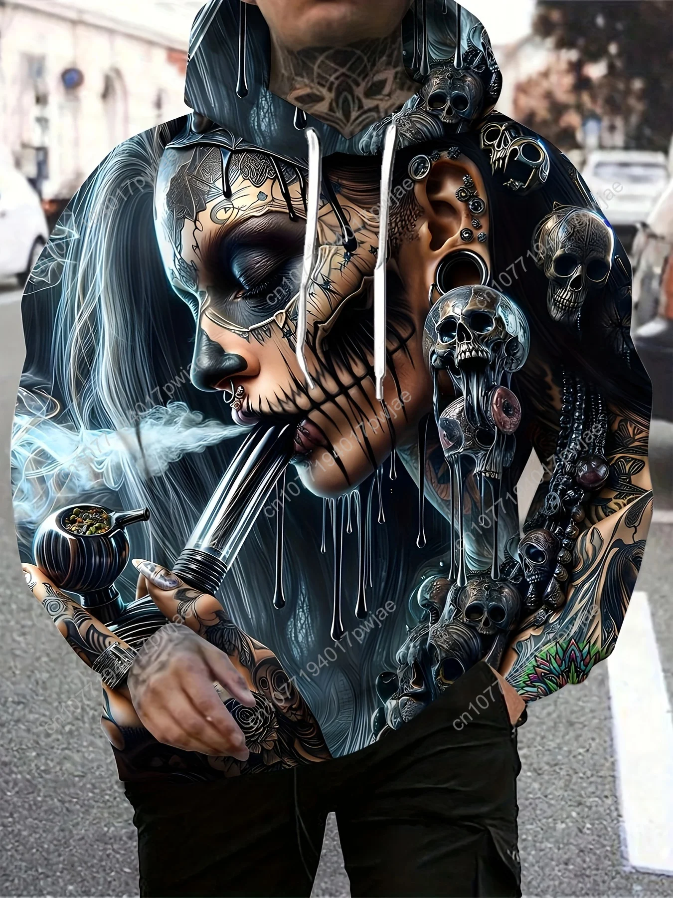 Moletom masculino com capuz de Halloween – moletom gótico com caveira e fumar, suéter preto com capuz para roupa de festa de Halloween, St