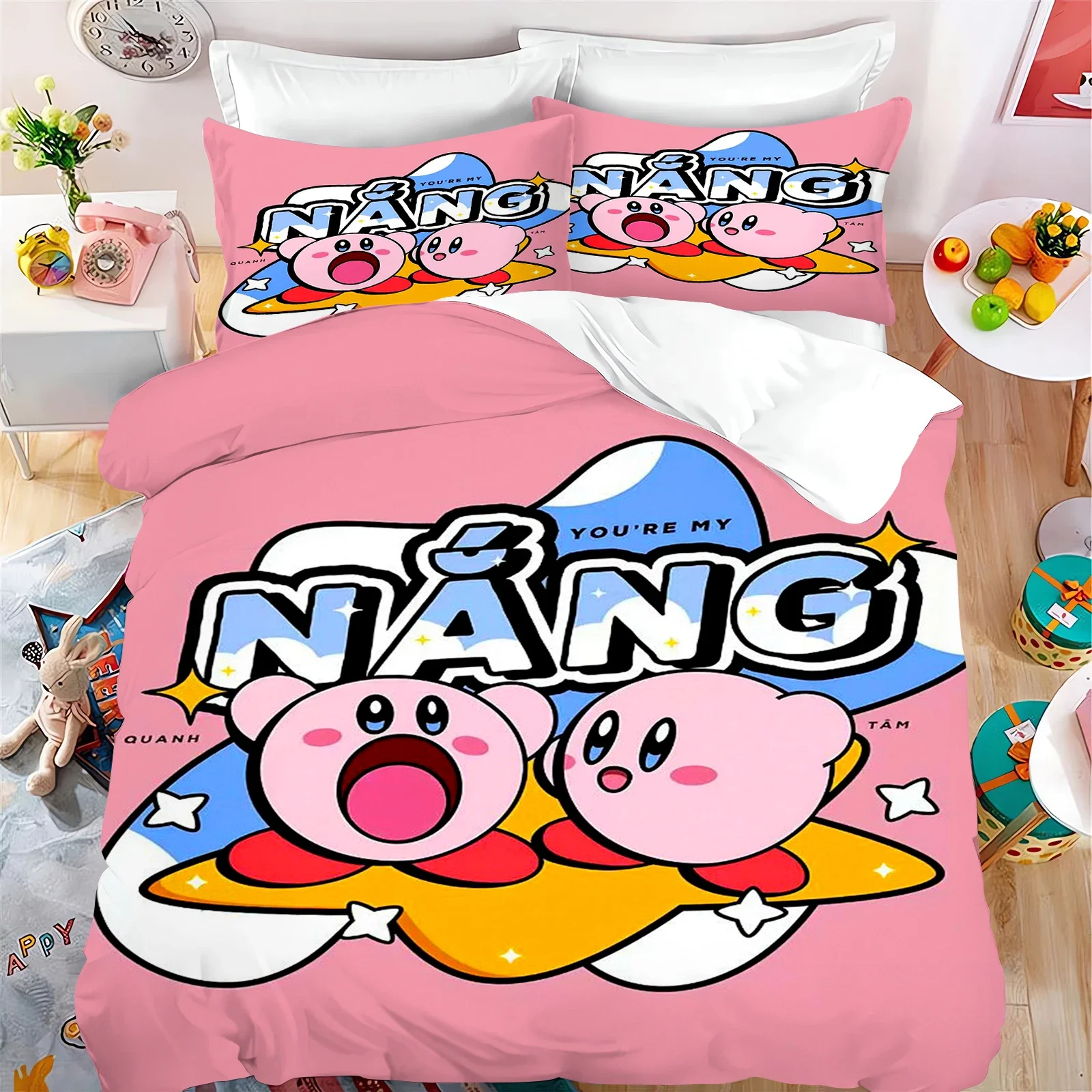 Kirby Duvet Cover Cartoon Sanrio Full Cute Children's Bedroom 100% Polyester Adult Gift 2/3pcs Bedding SetCustom