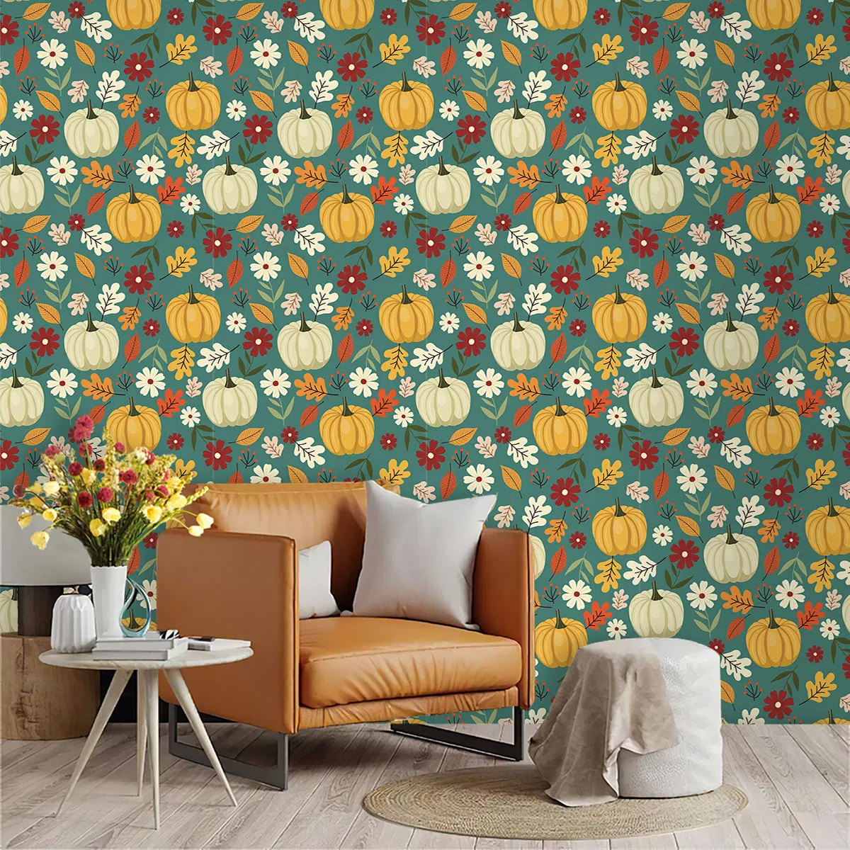 PVC self-adhesive pumpkin flower and leaf pattern cyclic wallpaper for wall decoration and concealing imperfections