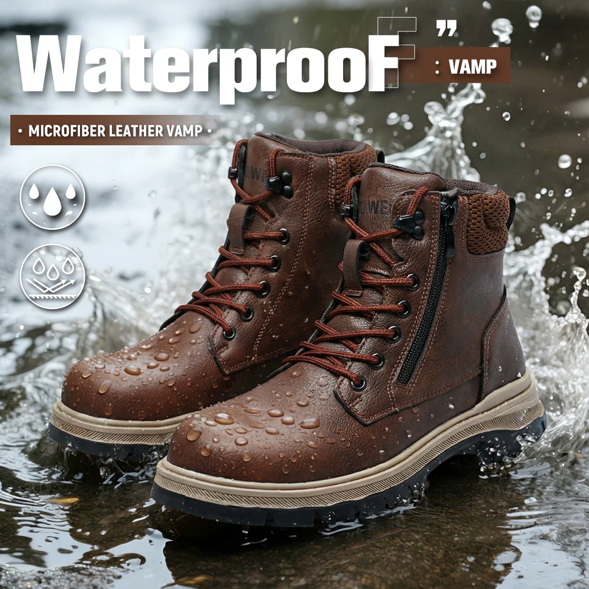 Men Work Boots Puncture-Proof  Waterproof Work Shoes Steel Toe Safety Boots Industrial Indestructible Boots Side Zipper Shoes