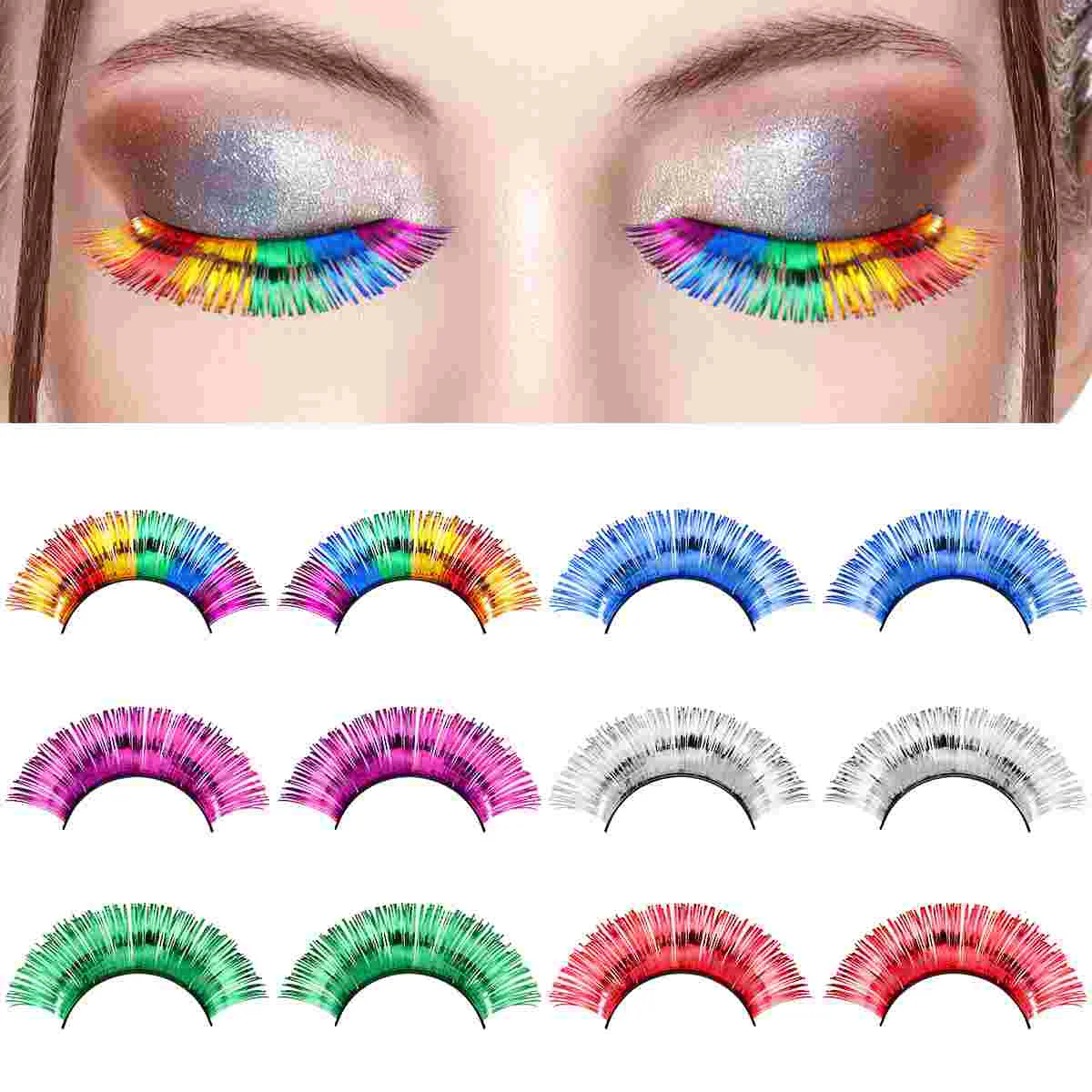 FRCOLOR 6 Pairs Cosmetics Colorful Foil False Eyelashes Assorted Eyelash Extensions Party Accessory (Green Red Silve