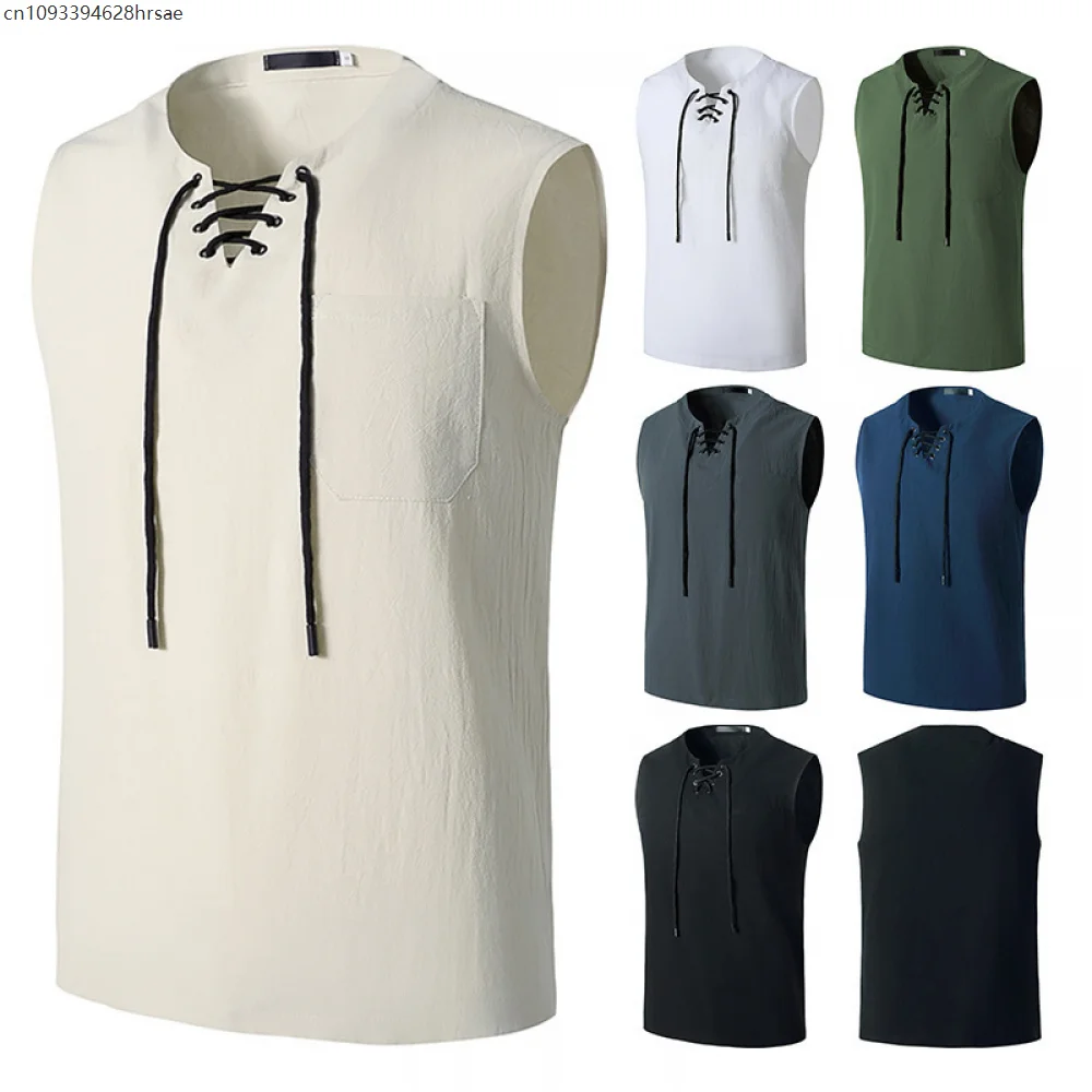 

Men Medieval Pirate Shirts Lace Up Sleeveless Renaissance Steampunk Shirt Men Gothic Victorian Outfit Halloween Cosplay Costume