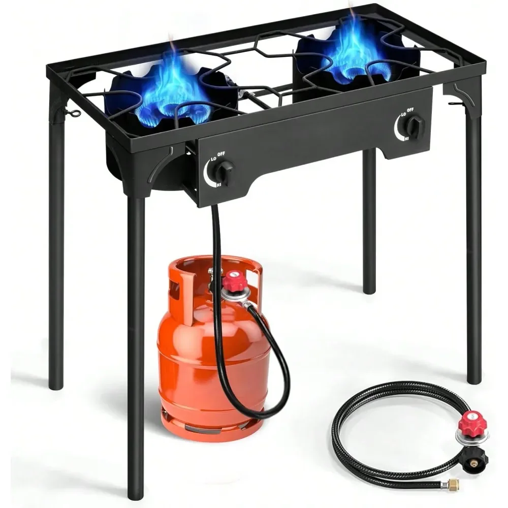 

Burner Propane Gas Stove For Outdoor Cooking, 150,000 BTU Camping Cooker With Removable Legs, Temperature Control Knobs For Bac