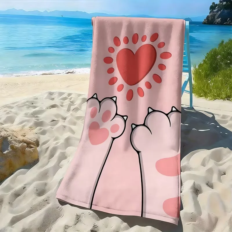 Cute Cat Paw Heart Print Beach Towel Kawaii Pink Cat Towel Soft Absorbent Quick Dry Beach Blanket for Girls Kids