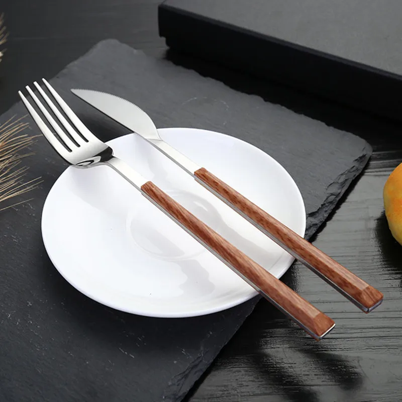 16pcs Stainless Steel Imitation Wooden Handle Cutlery Set Dinnerware Clamp Western Tableware Knife Fork Tea Spoon Silverware