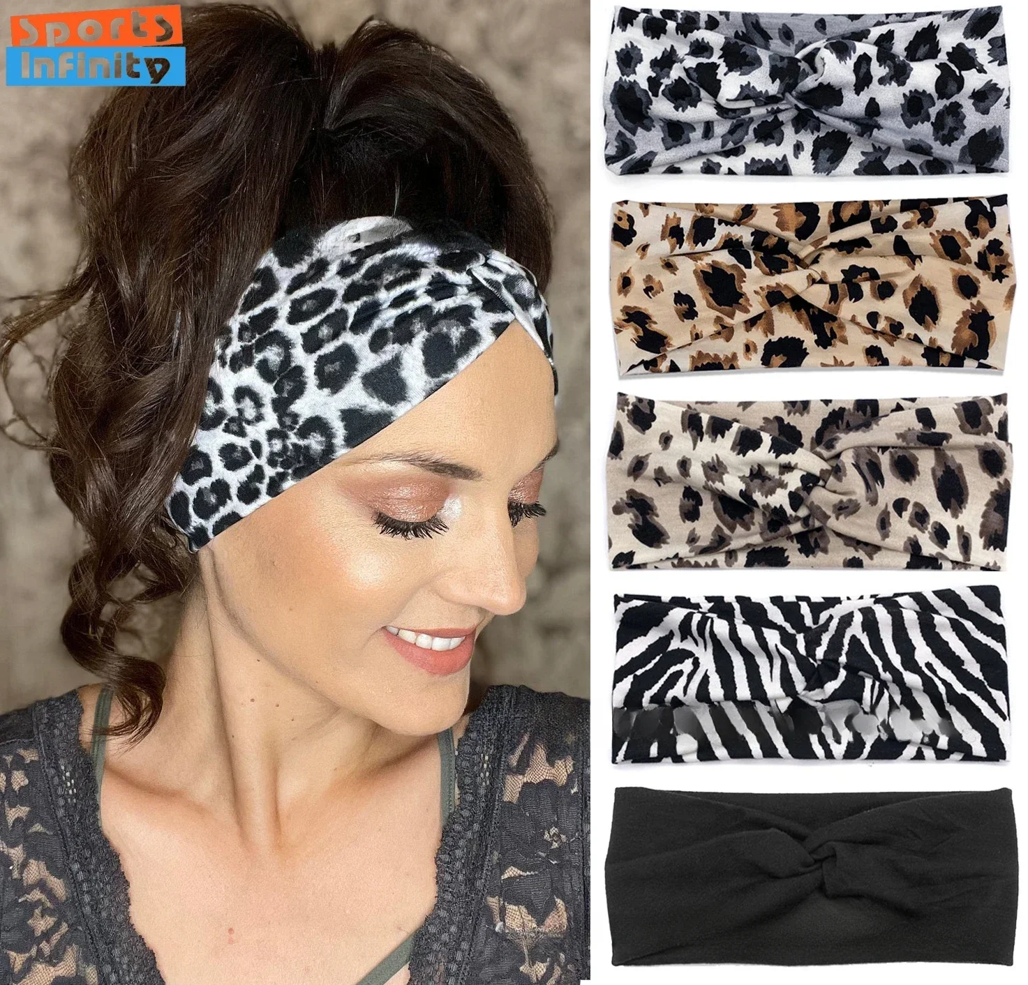 Fashion Leopard Print Sports Headband Women Camouflage Cross Headscarf Wide Sweatband Absorbent Sweat Band Yoga Running Headband