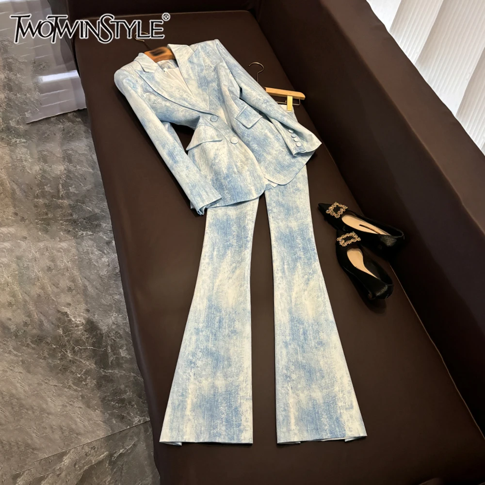 

TWOTWINSTYLE Tie Dye Slimming Two Piece Sets For Women V Neck Long Sleeve Top High Waist Panst Elegant Set Female New KSE528925