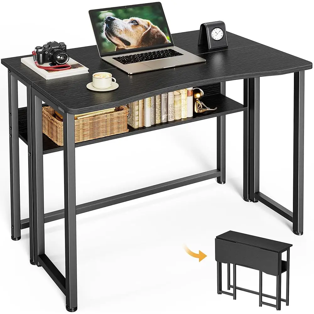 

Folding Desk With Storage Shelf, 31.5 H Foldable Computer Table For Small Spaces, Space Saving Sofa Table For Couch, Writing