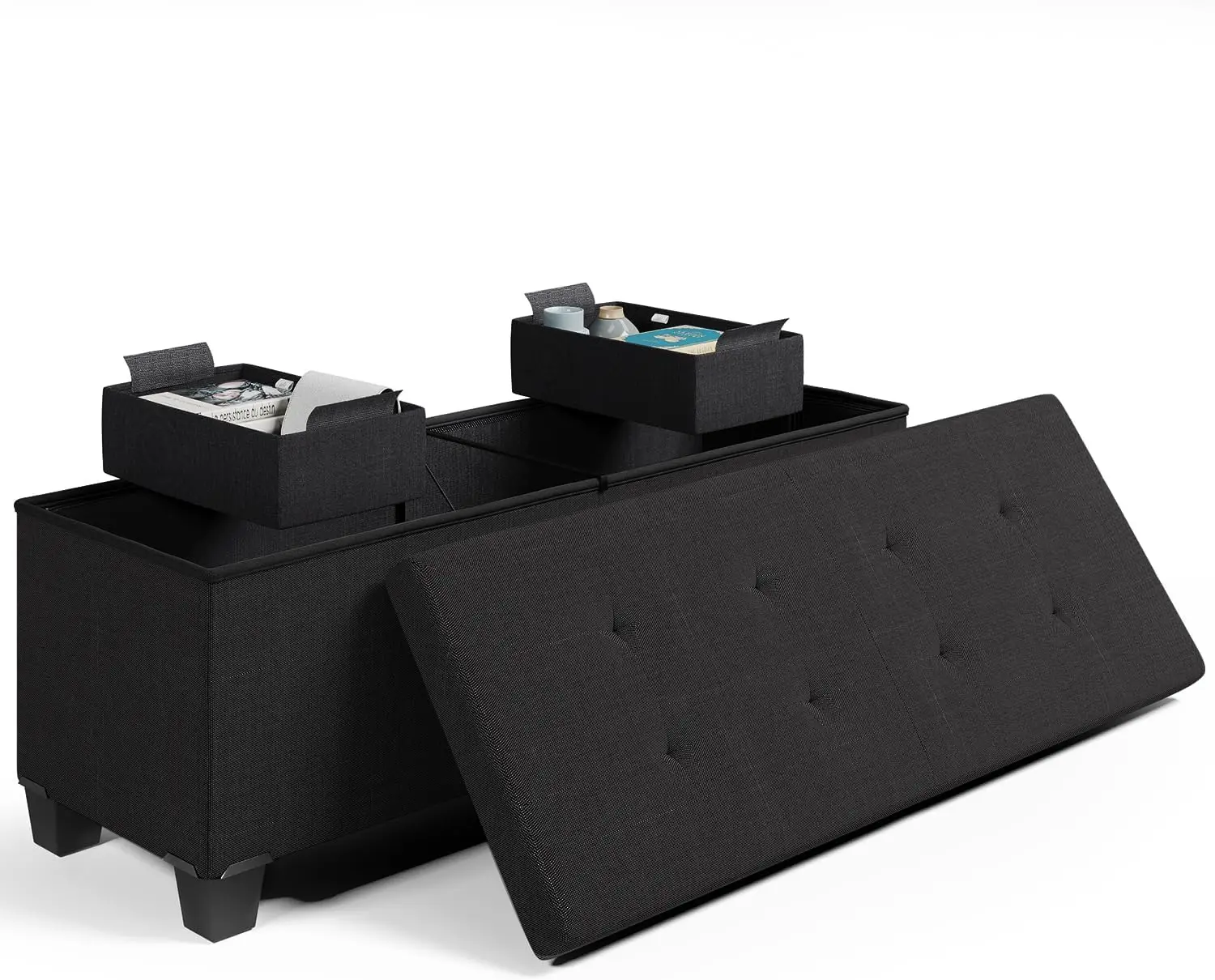 Storage Ottoman Bench, 43-In Storage Bench for Bedroom End of Bed, Large Ottoman Foot Rest with Storage Bins, Black Ottoman