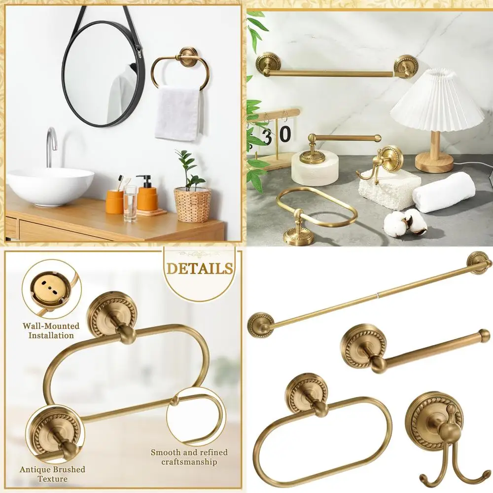 

Vintage Brass Gold Wall-Mounted Bathroom Accessory Set: Towel Rack, Ring, Paper Holder, Robe Hook
