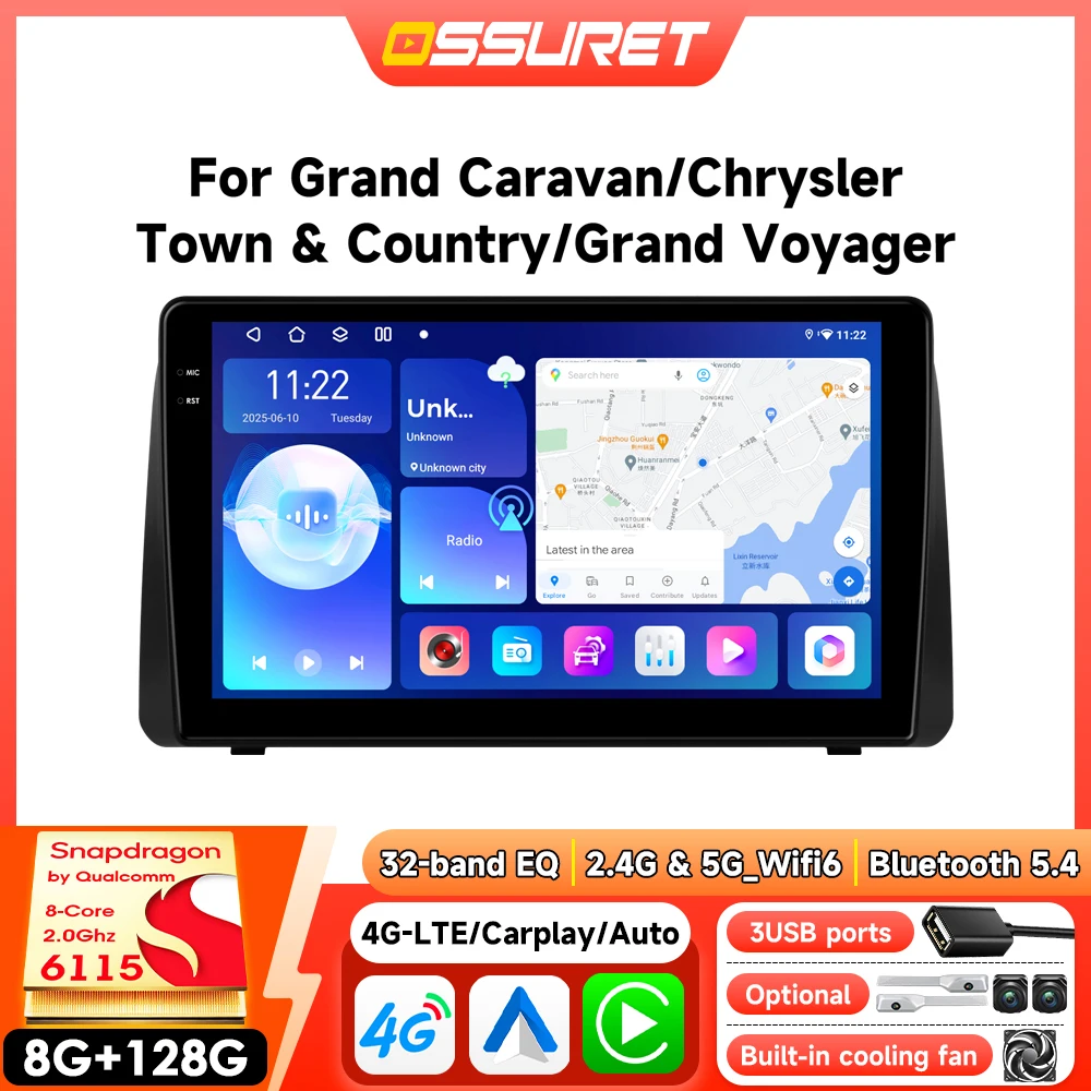 2Din Android Autoradio für Dodge Grand Caravan 2011-2020 Chrysler Town Country Grand Voyager, kabelloses Carplay, 8-Kern-Autoradio, GPS, 360-Grad-Kamera, Auto-Multimedia, WLAN, DSP