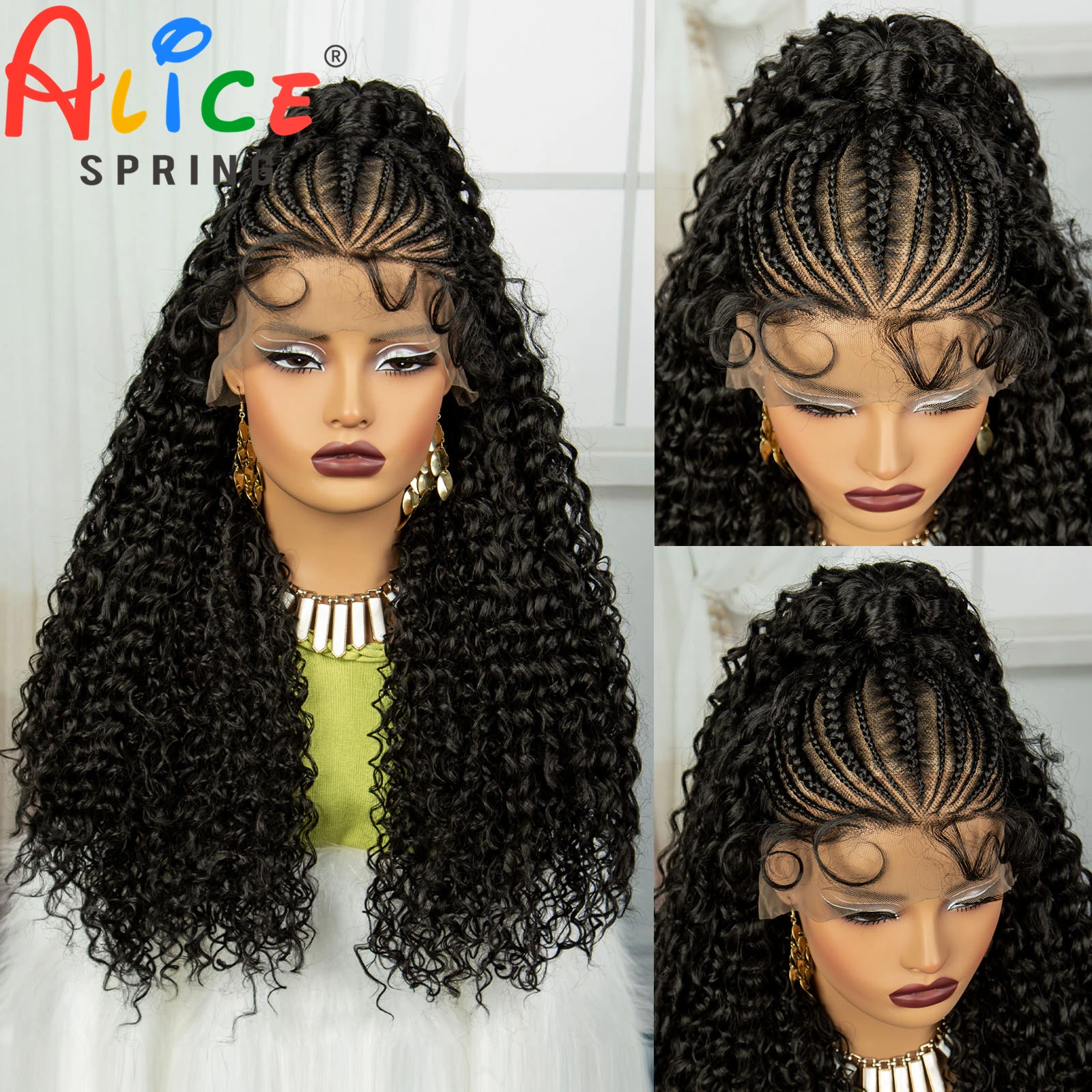 

24 Inch Synthetic Hair Wigs Transparent 13x6 Lace Frontal Braided Wigs Natural Curly Cornrow Braids Wig with Baby Hair for Women