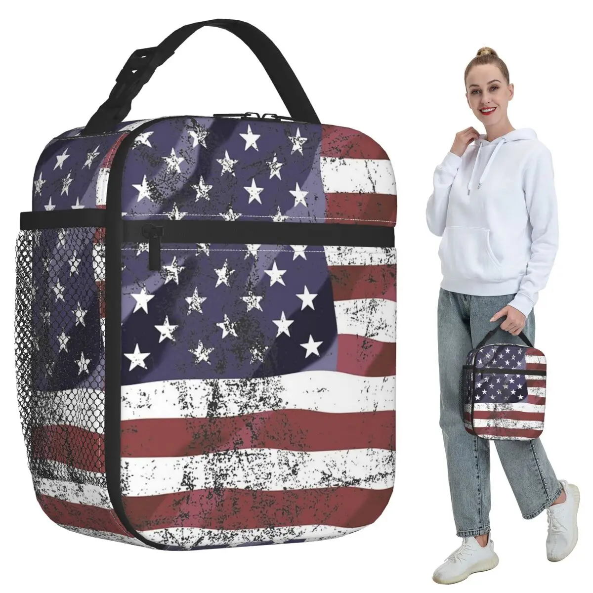 

Vintage American Flag Insulated Lunch Bag for Kids School Cooler Thermal Food Box Tote Portable Lunch Boxes Container